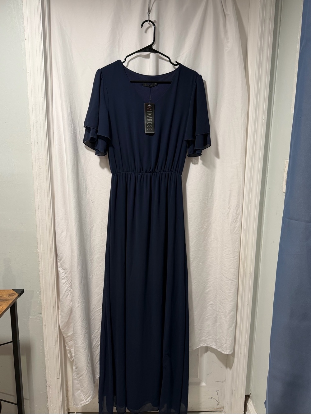 Mikarose Navy Blue Flutter-Sleeve Maxi Dress